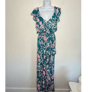 NWT Lily Pulitzer Womens Wide Leg Green Pink Jumpsuit Tropical Prime Time Print